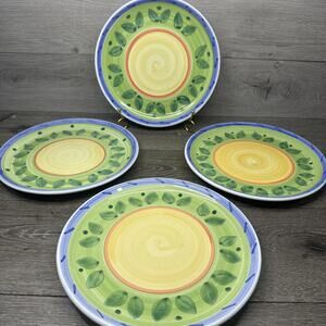 Caleca Italy GIRASOLE Hand Painted Blue Green Yellow Dinner Plates 11-1/4"~4 Pc